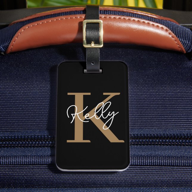 Étiquette À Bagage Script de monogramme d'or noir moderne (Insitu Rectoal 2)