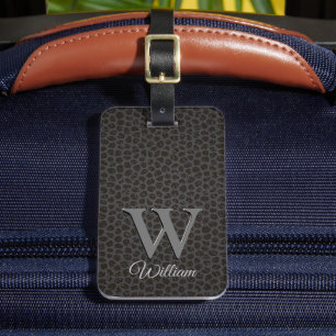 Étiquette À Bagage Script de texture en cuir de vache noire Nom monog