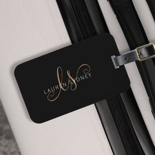 Étiquette À Bagage Script féminin Black Gold moderne Monogramme
