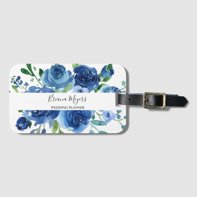 Étiquette À Bagage Script floral bleu marine moderne (Devant Horizontal)