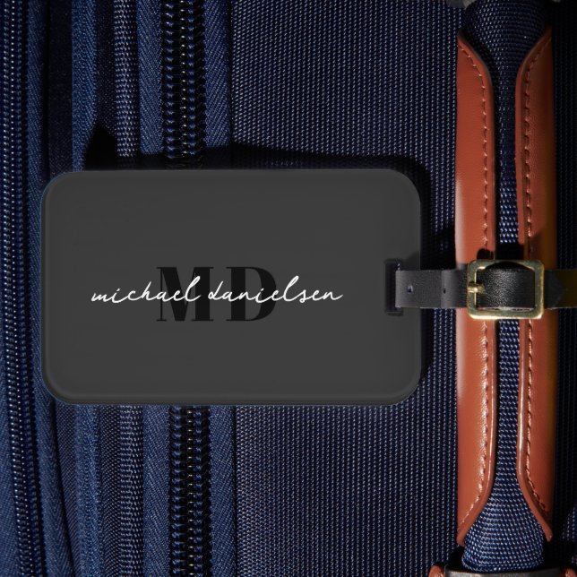 Étiquette À Bagage Script moderne noir et blanc Monogramme minimalist (Insitu Rectoal 4)
