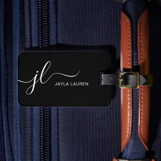 Étiquette À Bagage Script Monogramme Minimal Moderne Noir Et Blanc (Insitu Rectoal 4)