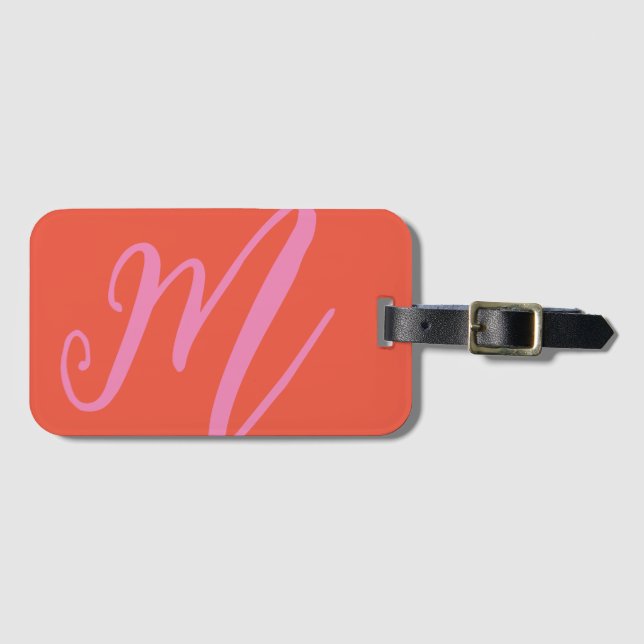 Étiquette À Bagage Script Monogramme Nom moderne rose et orange (Devant Horizontal)