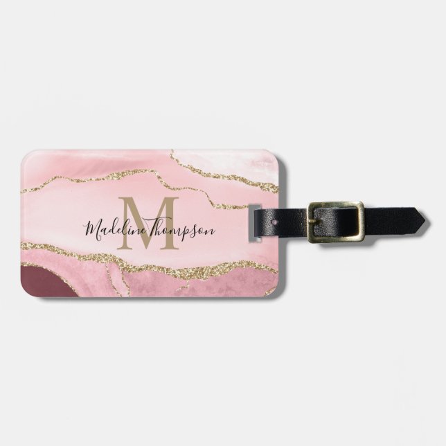 Étiquette À Bagage Script tendance Blush Rose Agate Geode Gold Monogr (Devant horizontal)