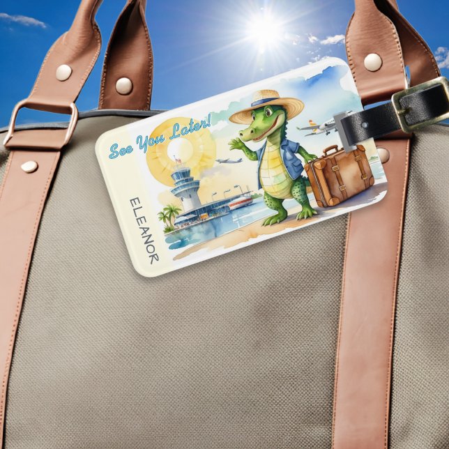 Étiquette À Bagage See You Later Alligator Cartoon Personalized (A personalized luggage tag featuring a cartoon alligator at the airport with 'See You Later!' words)