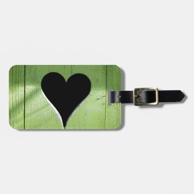 Étiquette À Bagage SHABBYCHIC coeur en bois vert noir (Devant horizontal)