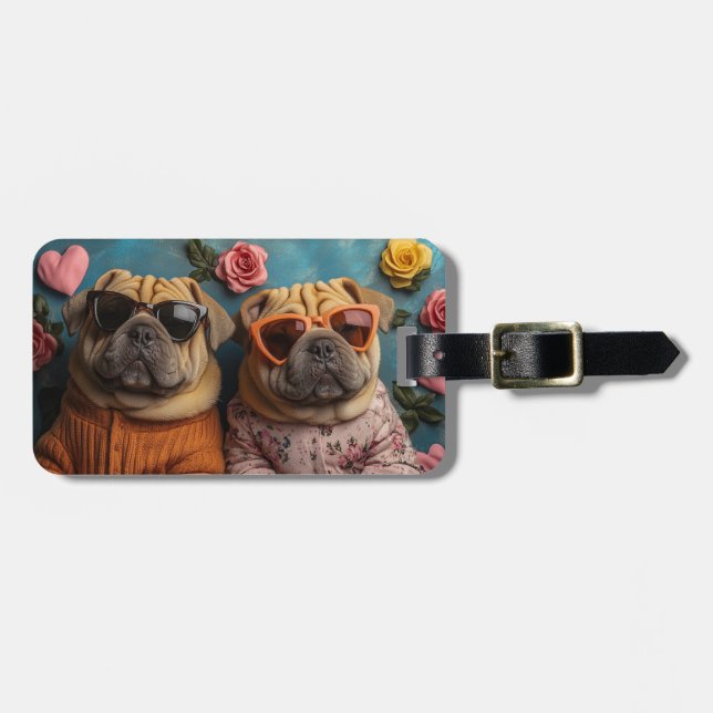 Étiquette À Bagage Shar Pei avec Roses de coeur Saint Valentin (Devant horizontal)
