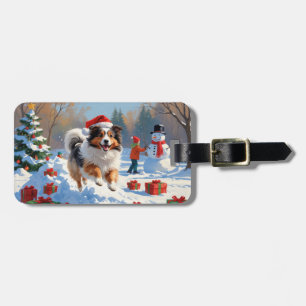 Étiquette À Bagage Shetland Sheepdog Courir La Neige Avec Le Casquett