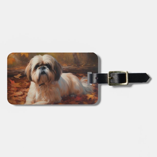 Étiquette À Bagage Shih Tzu à l'automne Feuilles automne Inspire (Devant horizontal)