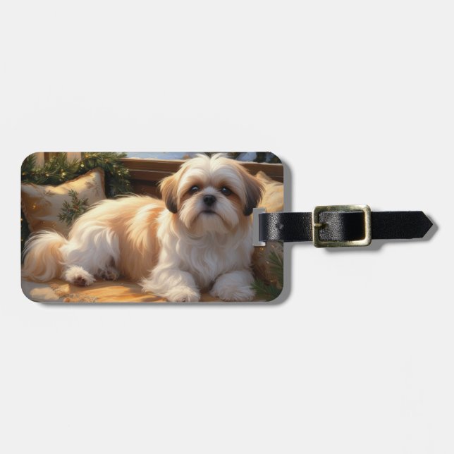 Étiquette À Bagage Shih Tzu avec les lumières de Noël (Devant horizontal)