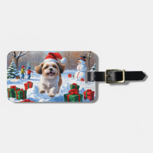Étiquette À Bagage Shih Tzu courant dans la neige avec un chapeau de 