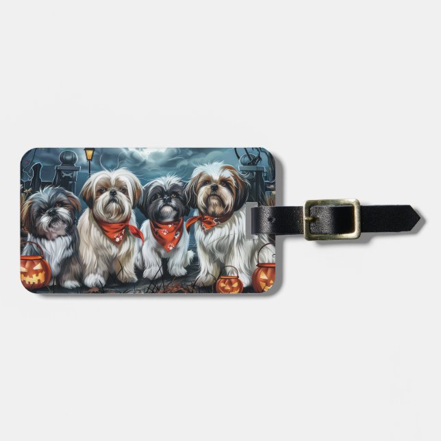 Étiquette À Bagage Shih Tzu Halloween Éffrayant (Devant horizontal)