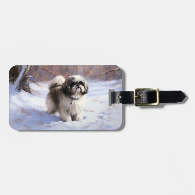 Étiquette À Bagage Shih Tzu Laisse Neige Noël (Devant horizontal)