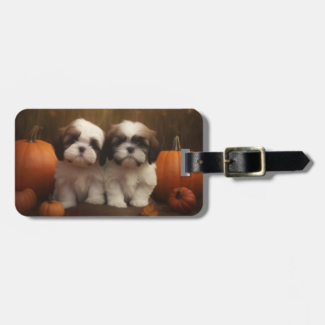 Étiquette À Bagage Shih Tzu Puppy Automne Citrouille de plaisir (Devant horizontal)