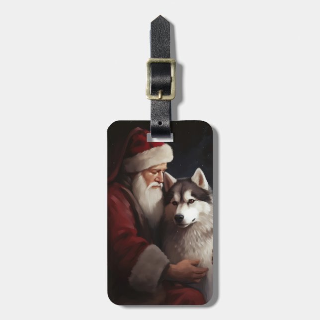 Étiquette À Bagage Sibérien Husky avec Noël Festif du Père Noël (Devant Vertical)