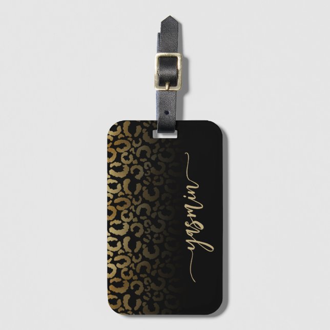Étiquette À Bagage Signature personnalisée Black Gold Leopard Spots (Devant Vertical)