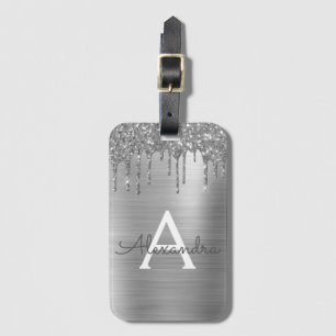 Étiquette À Bagage Silver Glitter Brushed metal Monogram