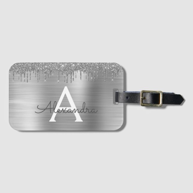 Étiquette À Bagage Silver Glitter Brushed metal Monogram (Devant Horizontal)