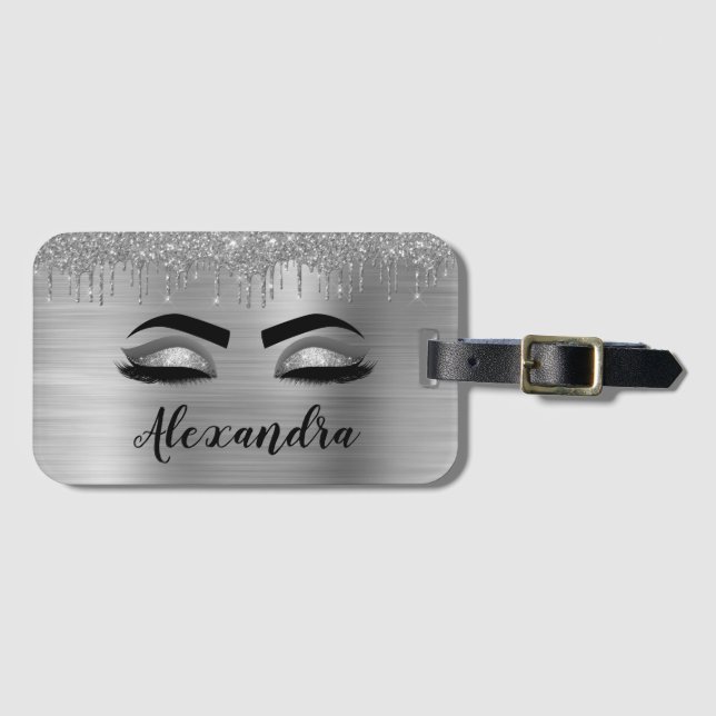 Étiquette À Bagage Silver Glitter Sparkle Eyelashes Monogram (Devant Horizontal)