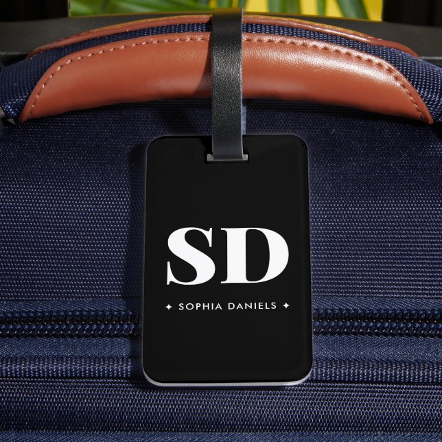 Étiquette À Bagage Simple 2 Monogramme initial noir noir blanc (Verso Insitu 4)