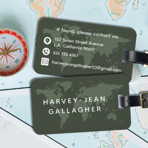 Étiquette À Bagage Simple Dark Militaire Vert Carte du Monde Masculin