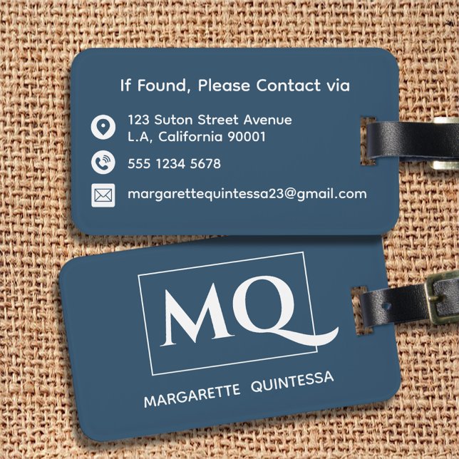 Étiquette À Bagage Simple élégante Monogramme bleu foncé Typographie  (Créateur téléchargé)