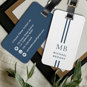 Étiquette À Bagage Simple Monogramme Masculin Bleu Foncé et Blanc