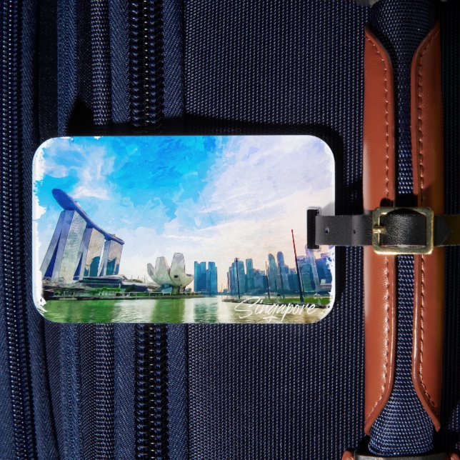 Étiquette À Bagage Singapour Asie Panorama Vue Aquarelle (Insitu Rectoal 4)