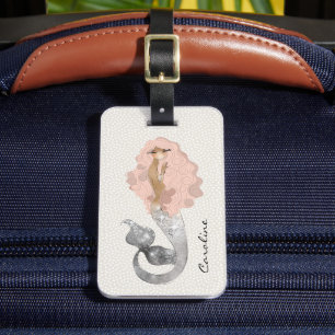 Étiquette À Bagage Sirène avec cheveux roses et votre nom