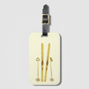 Étiquette À Bagage Skis Et Poles D'Or   Crème d'illustration Retro Sk