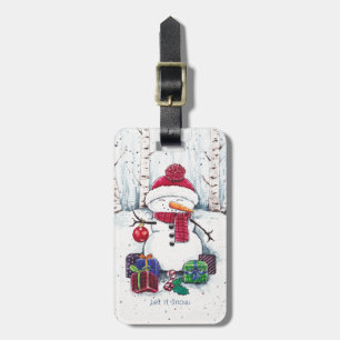 Étiquette À Bagage Snowman Avec Cadeaux En Aquarelle