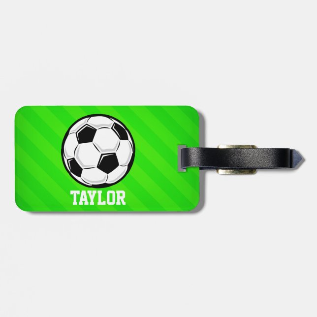 Étiquette À Bagage Soccer Ball; Néon Green Stripes (Dos horizontal)