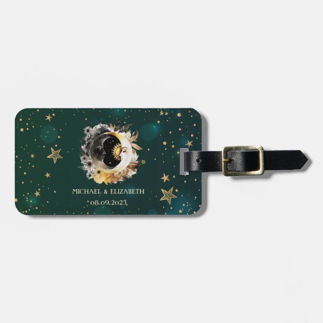 Étiquette À Bagage Soleil Céleste Et Fleurs Lune Étoiles Vert (Devant horizontal)