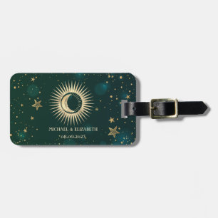 Étiquette À Bagage Soleil Or Céleste Et Étoiles Lune Vert