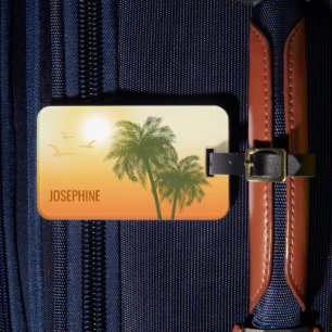 Étiquette À Bagage Soleil orange et palmiers tropicaux verts avec tex