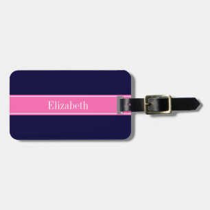 Étiquette À Bagage Solid Navy Blue Hot Pink #2 Ribbon Nom Monogram