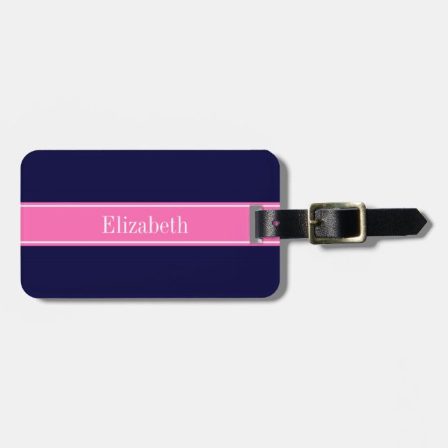 Étiquette À Bagage Solid Navy Blue Hot Pink #2 Ribbon Nom Monogram (Devant horizontal)