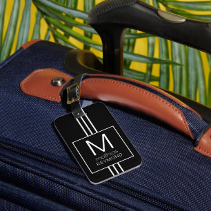 Étiquette À Bagage Son nom Monogramme Moderne Élégant noir&blanc