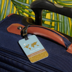 Étiquette À Bagage Son voyage moderne et chic or/bleu