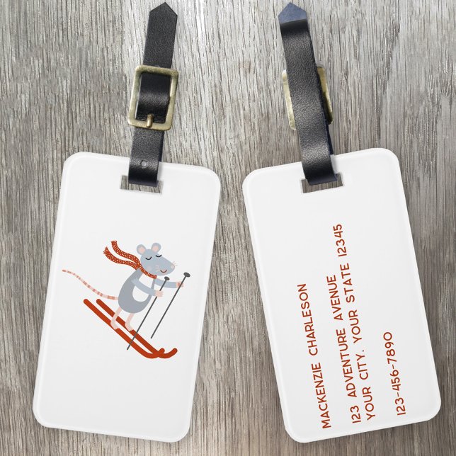 Étiquette À Bagage Souris de ski mignonne (Skiing Mouse fun cute quirky personalized luggage tags)