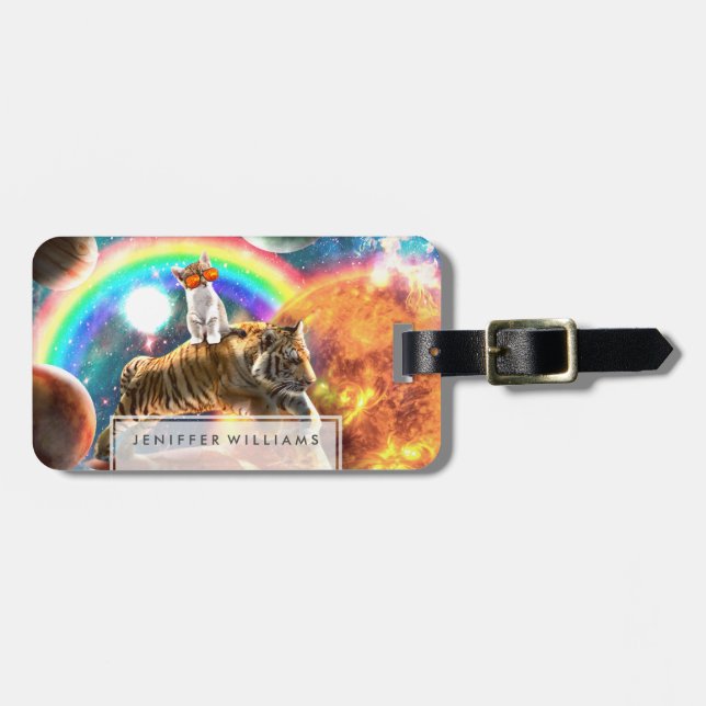 Étiquette À Bagage Space Galaxy Cat Riding Tiger sur Pizza (Devant horizontal)