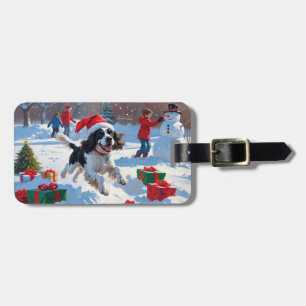 Étiquette À Bagage Springer Spaniel courant dans la neige avec un cha