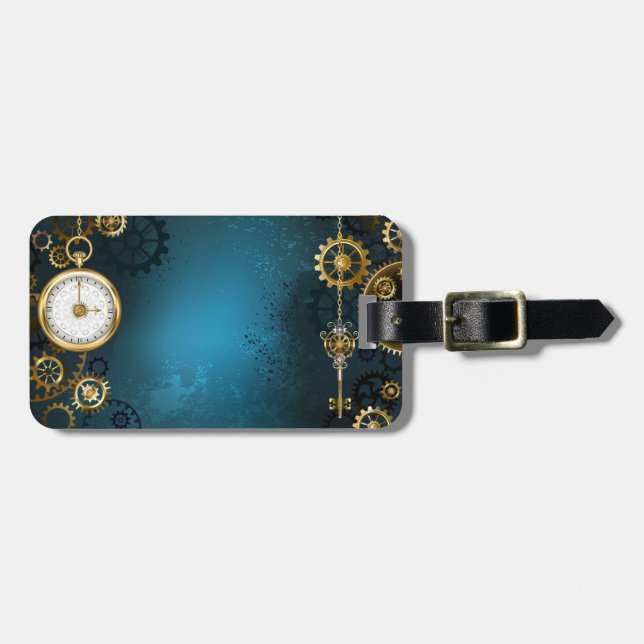 Étiquette À Bagage Steampunk Arrière - plan turquoise avec Gears (Devant horizontal)