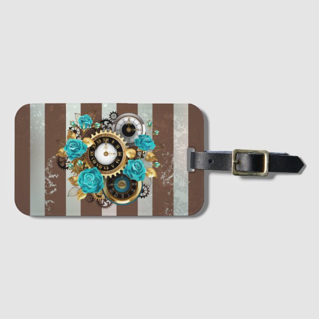 Étiquette À Bagage Steampunk Clock and Turquoise Roses on Striped (Devant Horizontal)