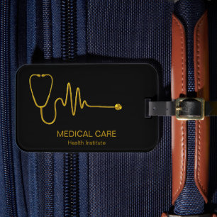 Étiquette À Bagage Stéthoscope ECG en or de luxe, onde EKG, ligne méd