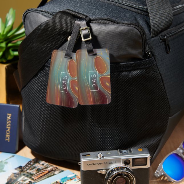 Étiquette À Bagage Strata automne | Terra Cotta Turquoise et or Monog (Recto & Verso)