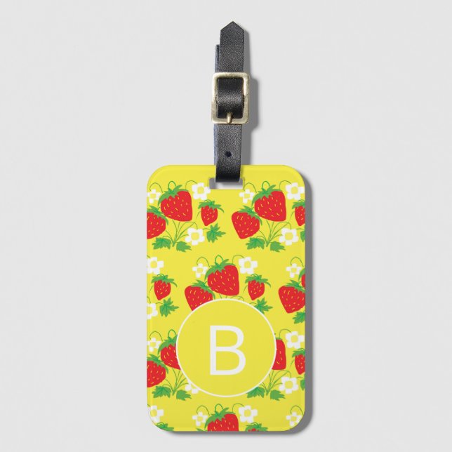 Étiquette À Bagage Strawberry and Flower Yellow Pattern Monogrammed (Devant Vertical)