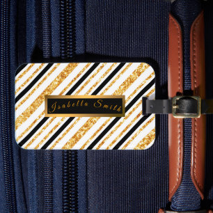 Étiquette À Bagage Stripes Gold Parties scintillant Black Boho Popula
