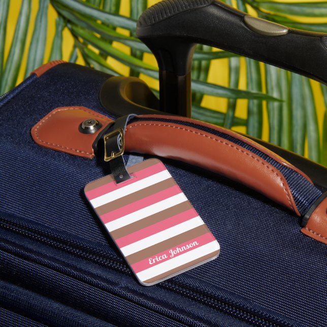 Étiquette À Bagage Stripes rose Brown blanc Personnaliser (Insitu Rectoal 1)