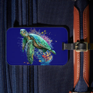 Étiquette À Bagage Style d'aquarelle sous-marine de tortue marine